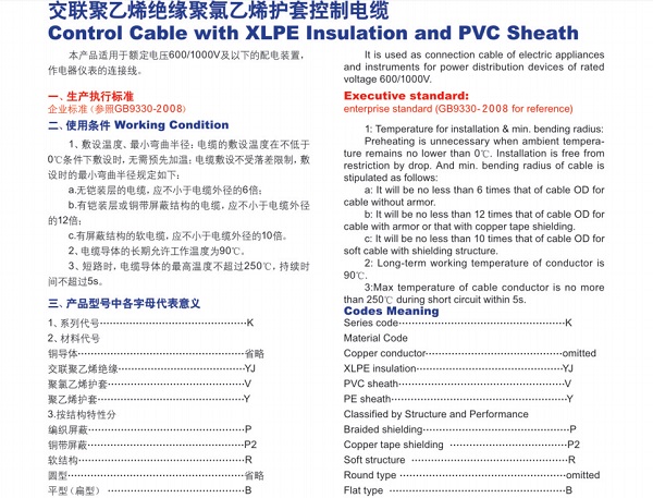 交聯(lián)聚乙烯絕緣聚氯乙烯護(hù)套控制電纜
